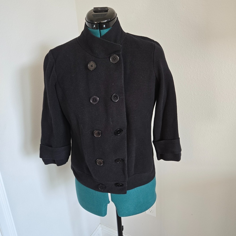 Talbots Sweater Blazer Women Large Black Double Breasted Cropped Knit 3/4 Sleeve